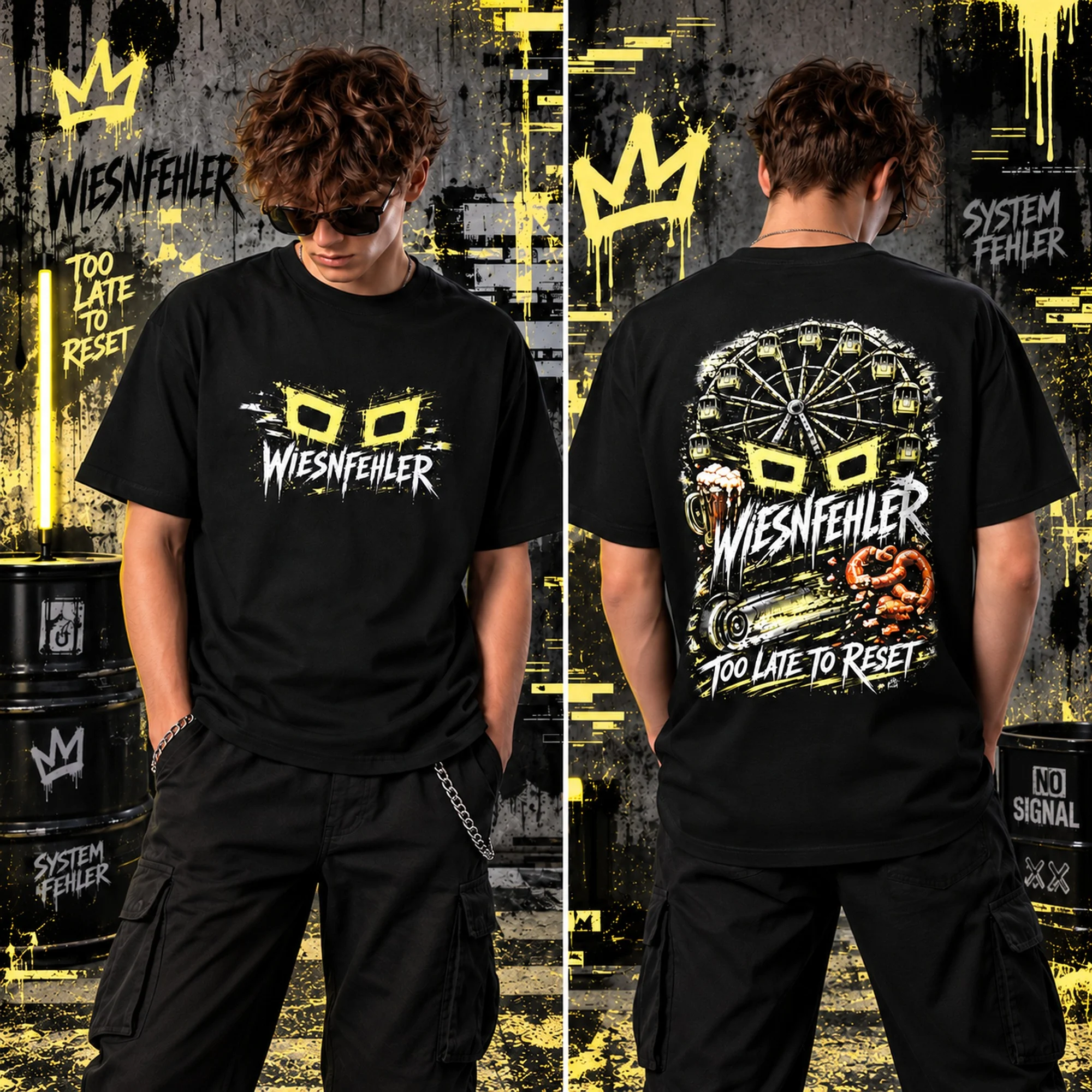 GL!TCH WIESNFEHLER T-Shirt Vorder- und Rückseite am männlichen Model