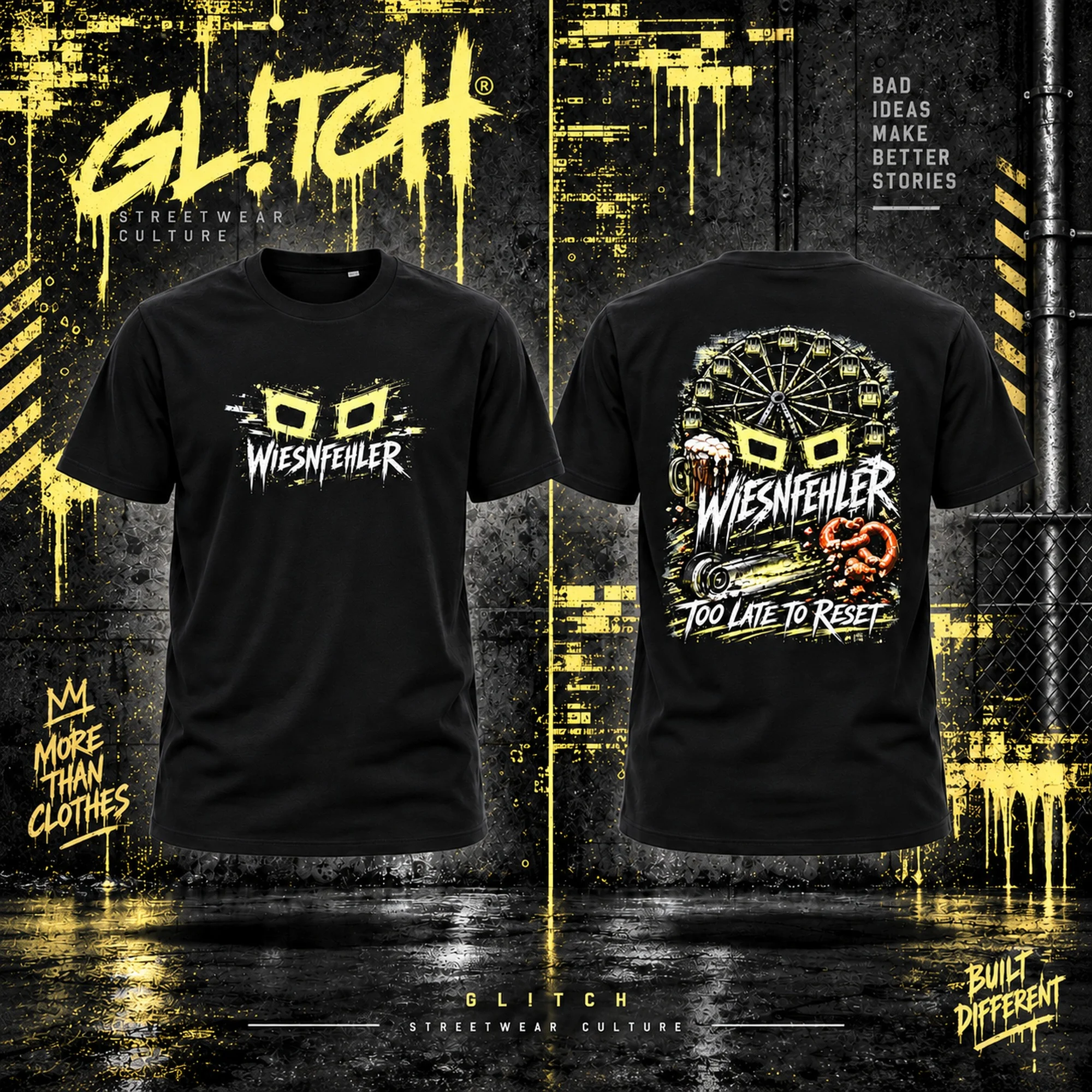 GL!TCH WIESNFEHLER schwarzes T-Shirt Vorder- und Rückseite