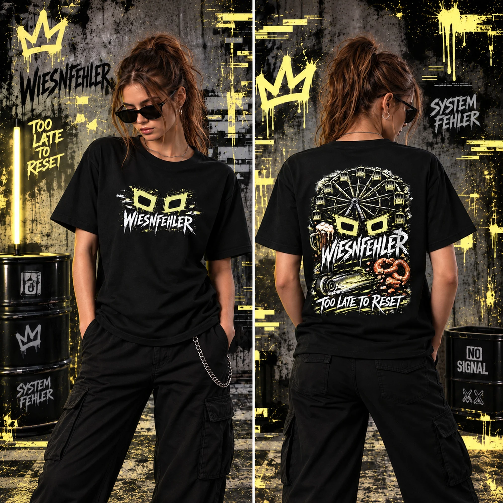 GL!TCH WIESNFEHLER T-Shirt Vorder- und Rückseite am weiblichen Model