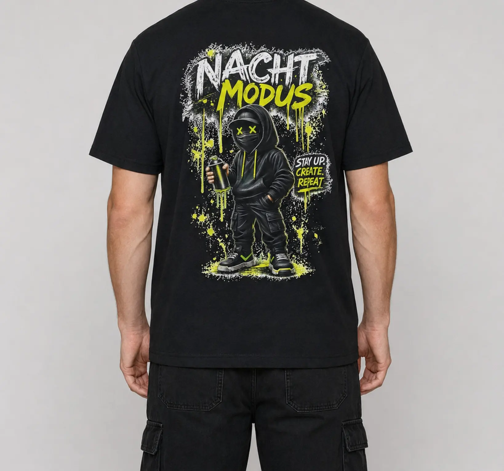 NOX NACHTMODUS schwarzes Streetwear T-Shirt Vorderseite – Detail
